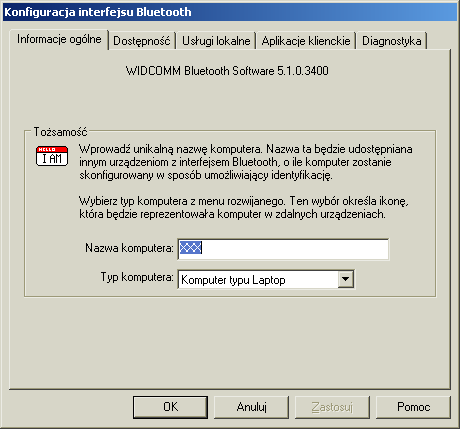 Okno ustawień Bluetooth z oprogramowania WIDCOMM w wersji 5.1.0.3400
