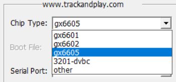 Screenshot of GXDownloader software with a dropdown list of GX660x chip types