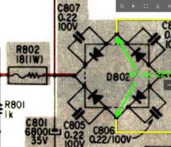 A section of an electronic schematic featuring a bridge rectifier D802 with green arrows indicating points for measuring an AC voltage of about 22 V.