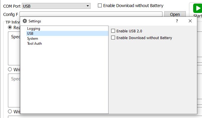 Screenshot of a tool showing a “Settings” window with USB 2.0 and “Download without Battery” options