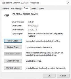 Screenshot of USB-SERIAL CH341A (COM25) device properties.