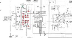Schemat elektroniki z zaznaczonymi elementami przerywaną linią i czerwonymi krzyżykami.