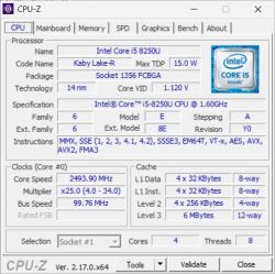 Zrzut ekranu CPU-Z pokazujący dane procesora Intel Core i5-8250U