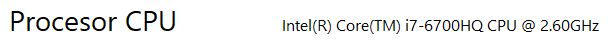 Intel Core i7-6700HQ CPU information at 2.60GHz