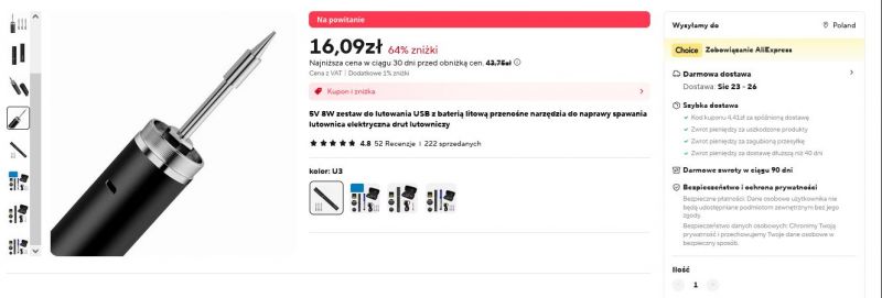 Miniaturowa lutownica z czarną obudową i metalowym grotem na stronie AliExpress