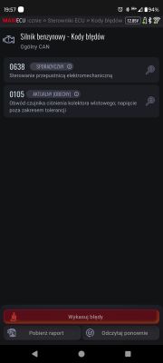 Zrzut ekranu z aplikacji diagnostycznej pokazujący kody błędów silnika benzynowego.