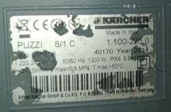 Tabliczka znamionowa odkurzacza Karcher Puzzi 8/1 C z informacjami technicznymi.