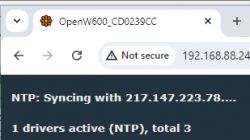 Screenshot of OpenW600 web interface showing NTP synchronization and number of active drivers.