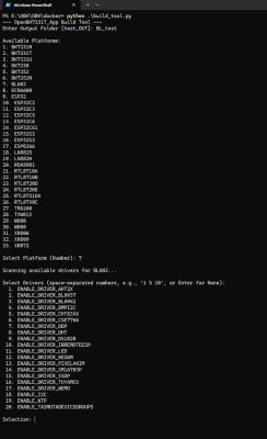 Windows PowerShell showing OpenBK7231T_App Build Tool with lists of platforms and drivers