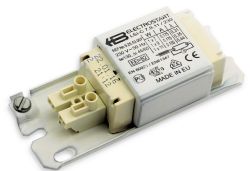 Statecznik elektromagnetyczny marki Electrostart do lamp fluorescencyjnych, zamontowany na metalowej podstawie z zaciskami przyłączeniowymi.