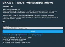 Screenshot of the BK7231T_WB3S_WhiteStripWindows command tool interface.