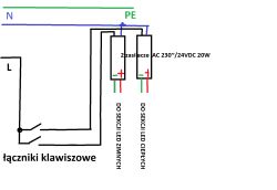 Schemat dwóch zasilaczy LED 24VDC 20W podłączonych do sekcji zimnych i ciepłych LED