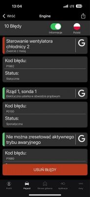 Zrzut ekranu z aplikacji diagnostycznej samochodu pokazujący błędy silnika.