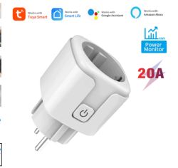 White smart plug with power button, plus Tuya, Google Assistant, and Amazon Alexa compatibility icons