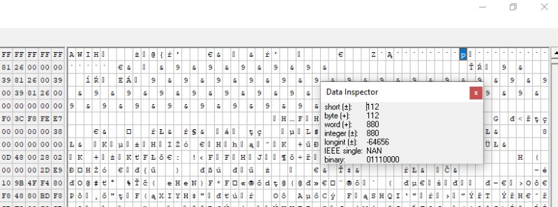 Screenshot of a hex editor with an open Data Inspector window.