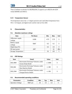 Wi-Fi Audio/Video SoC Technical Documentation Excerpt A technical documentation page for a Wi-Fi Audio/Video SoC with parameter tables and temperature sensor information.