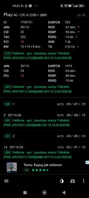 Zrzut ekranu z aplikacji pokazujący informacje o połączeniu sieci komórkowej Play 4G LTE-A 2100 + 1800.