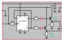 Schemat z układem CD4013 i tranzystorami T7, T8 typu NPN BC547C