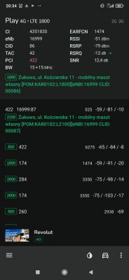Ekran aplikacji mobilnej z informacjami o sieci komórkowej LTE.