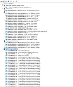 Zrzut ekranu z Menedżera urządzeń systemu Windows, przedstawiający listę zasobów sprzętowych komputera, bez widocznego urządzenia Realtek.