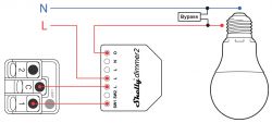 Shelly Dimmer 2 Connection Diagram Connection diagram for Shelly Dimmer 2 with a bulb and bypass.