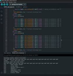 Arduino IDE window with source code for ESP32 highlighting switch-case statements for ASCII character conversion.