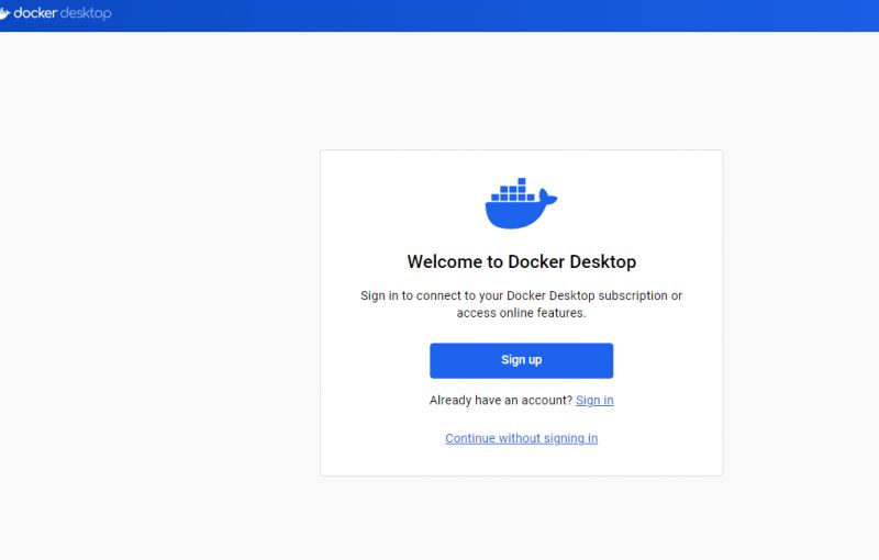 Docker Desktop Welcome Screen Docker Desktop welcome screen with sign-up and login options.