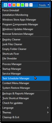 Zrzut ekranu menu narzędziowego z wieloma opcjami, w tym zaznaczonym Task Scheduler Manager.