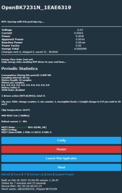 OpenBK7231N control panel with energy, Wi-Fi, and MQTT state details