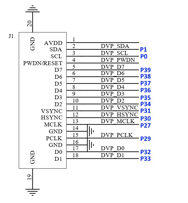 DVP interface connection diagram with pin mapping for connector J1