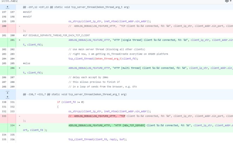 Screenshot of a C source code file diff with colored highlighting for added (green) and removed (red) code lines.