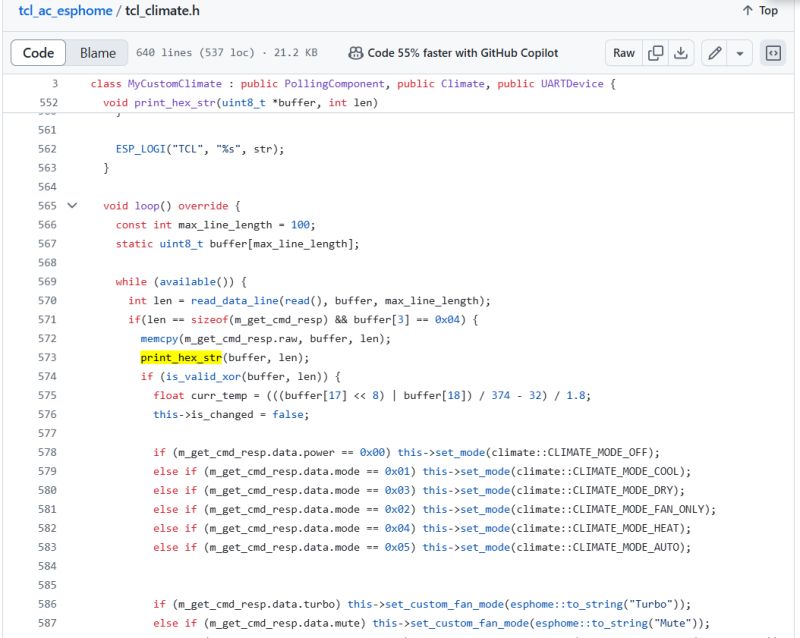Screenshot of source code in tcl_climate.h showing a loop processing UART data with a static buffer and conditionally parsing packets.