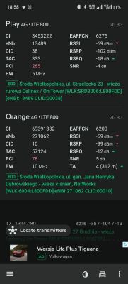 Zrzut ekranu z aplikacji pokazujący parametry sygnału LTE 800 MHz dla operatorów Play i Orange w Środzie Wielkopolskiej.