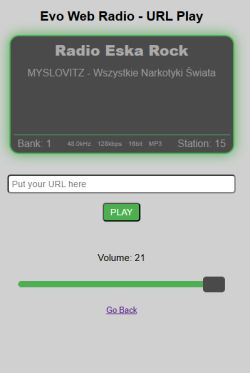 Evo Web Radio interface with URL input and volume slider