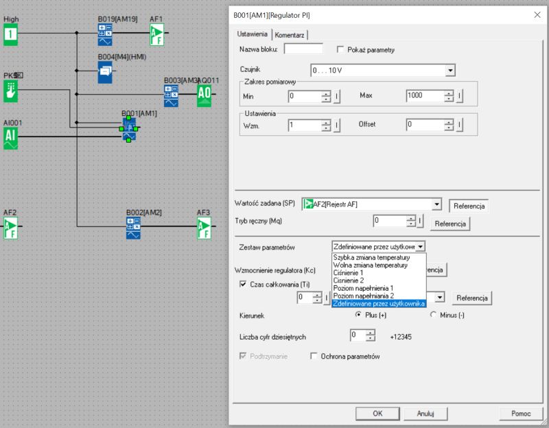 Zrzut ekranu z programu do konfiguracji regulatora PI i schematu blokowego automatyki procesowej.