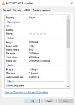 Screenshot of the properties window for the MOVI0001.AVI video file.