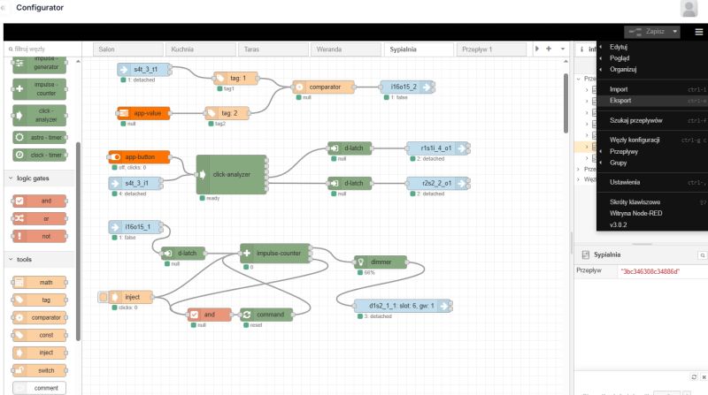 Graphical interface of a home automation configurator Screenshot of a graphical interface for home automation programming with blocks representing logic and functions.