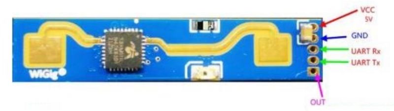 Sensor module with labeled pins: VCC, GND, UART Rx, UART Tx, and OUT