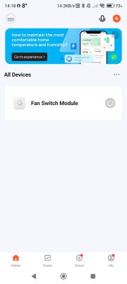 Mobile app screen showing Fan Switch Module with a power toggle button.