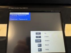 Ekran urządzenia HP Digital Sender Flow 8500 fn1 z komunikatem o błędzie hasła.