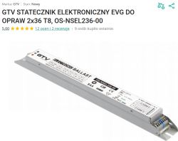 Zrzut ekranu oferty statecznika elektronicznego GTV EVG 2x36 T8, ze zdjęciem produktu