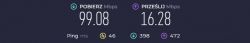 Zrzut ekranu z testu prędkości internetu, pokazujący pobieranie 99,08 Mbps, wysyłanie 16,28 Mbps oraz ping 46 ms.