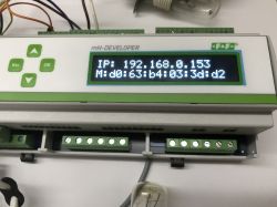 F&amp;F mH-Developer controller displaying device's IP and MAC address on its screen.