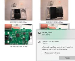 Electronic kit contents, circuit board close-up, and Wi-Fi OpenBK network on PC screen