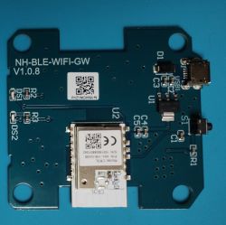 Printed circuit board labeled NH-BLE-WIFI-GW V1.0.8 with various components and a USB connector on a blue background.