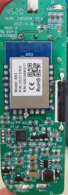 Close-up of the interior of the XR3 Mirabella Genio door/window sensor with markings on the circuit board.