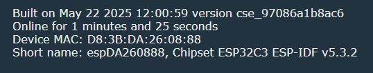Display showing ESP32C3 device information: build date, online time, MAC address, name and ESP-IDF version.