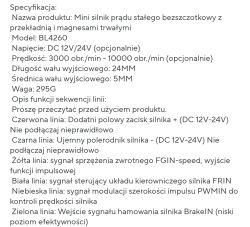 Specyfikacja techniczna mini silnika bezszczotkowego BL4260 z opisem funkcji przewodów