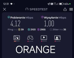 Zrzut ekranu z aplikacji Speedtest pokazujący wyniki testu internetu mobilnego LTE w sieci Orange: pobieranie 4,12 Mbps, wysyłanie 1,00 Mbps, ping 39 ms.