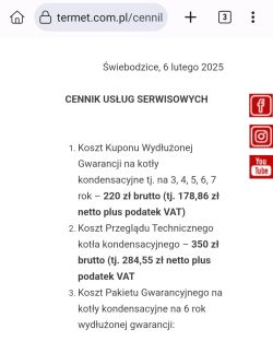 Fragment cennika usług serwisowych Termet dla kotłów kondensacyjnych na stronie internetowej, z wyszczególnionymi cenami przeglądu technicznego i kuponu gwarancyjnego.